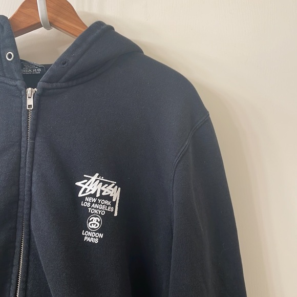 Men’s Stussy Black World Wide Zip Up Hoodie Size Large - Picture 2 of 7